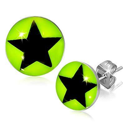 Green Circle Star Logo - 7mm Stainless Steel Shining Star Lemon Green Circle Stud Earrings