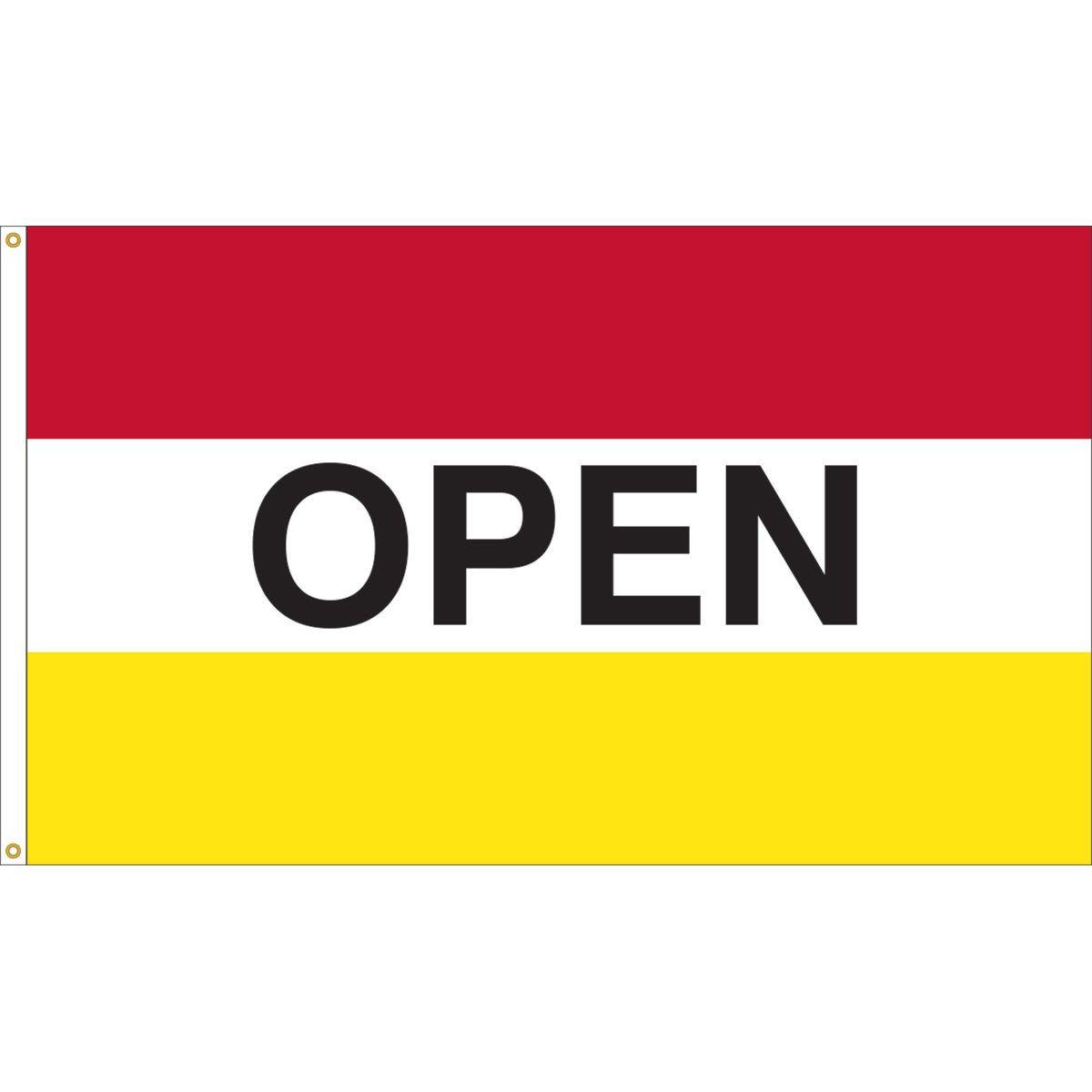 Red White and Yellow Brand Logo - OPEN Flag