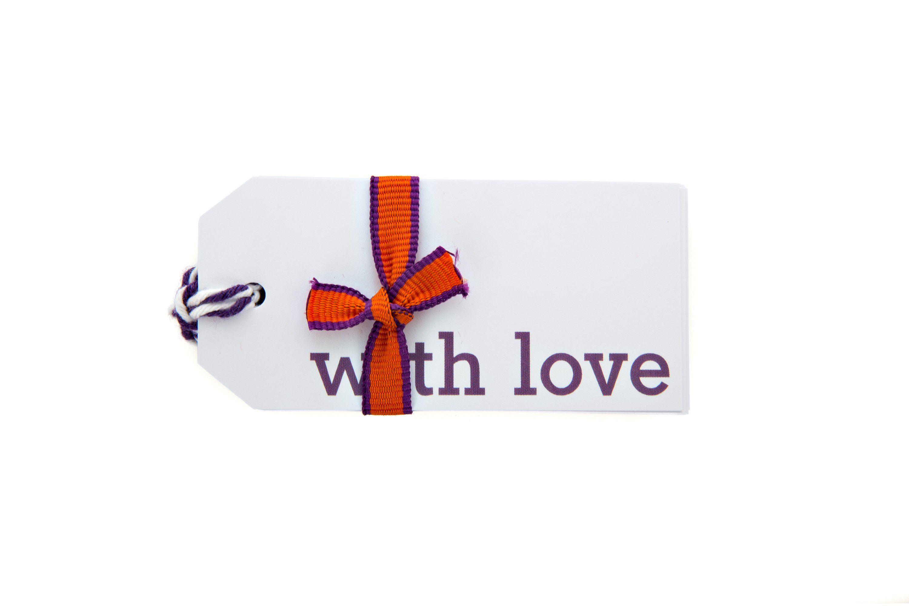 Purple and White w Logo - 6 White With Love gift tags printed in purple - Sophies Ribbons