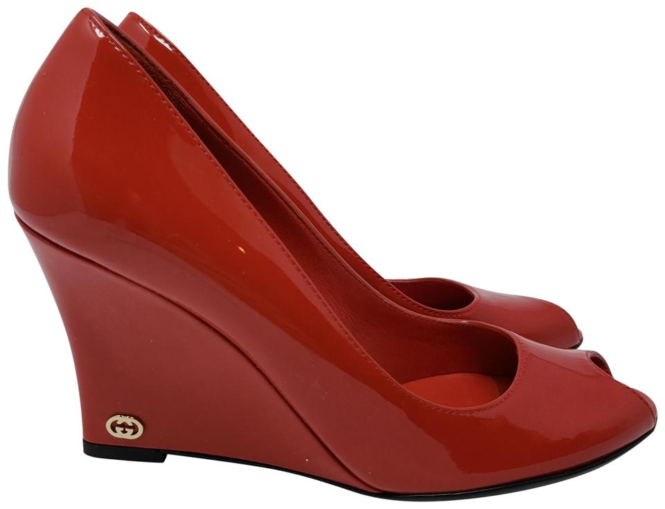 Gold and Red M Logo - Gucci Red Patent Leather Gold Tone Gg Logo Wedges Size EU 36 Approx