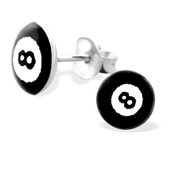 Black Ball Logo - 8 Eight Pool Ball - 925 Sterling Silver Logo Studs - Silvadore