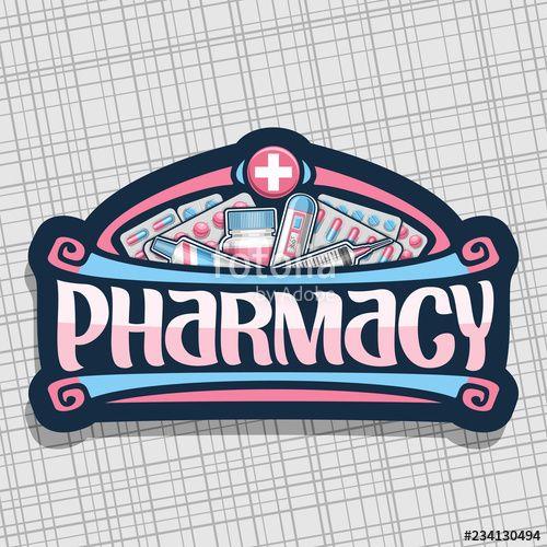 Red and Blue Store Logo - Vector logo for Pharmacy, dark sign with red container, digital ...