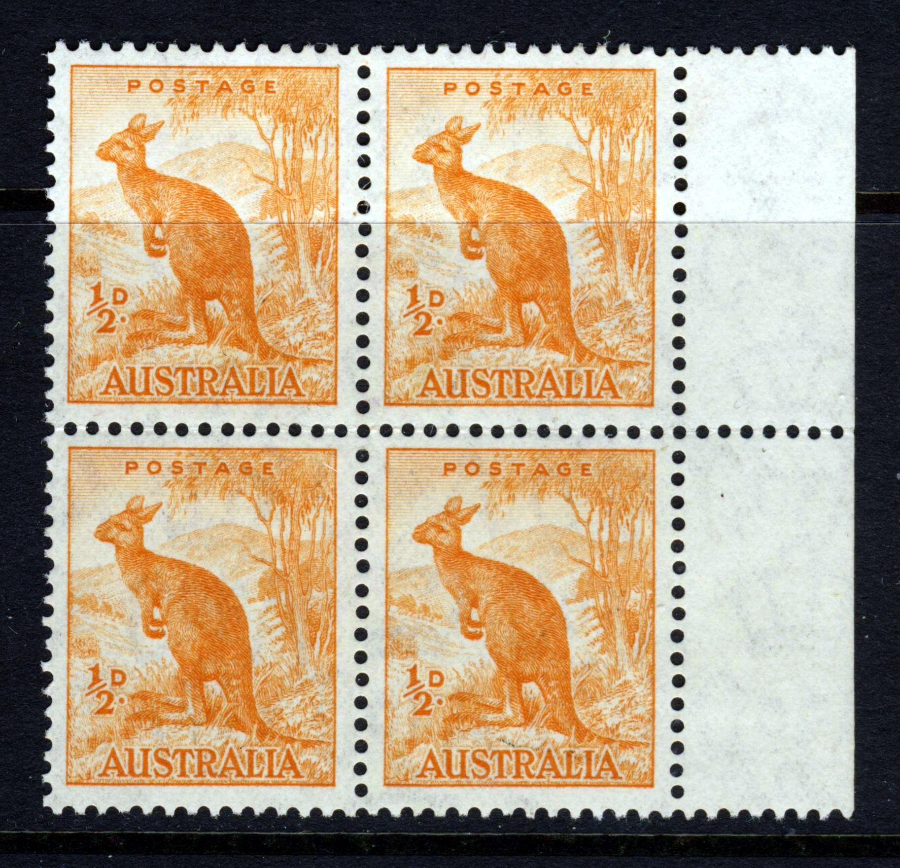 Orange Kangaroo Logo - AUSTRALIA 1938 ½d. Orange Kangaroo MARGINAL BLOCK OF FOUR SG 164 ...