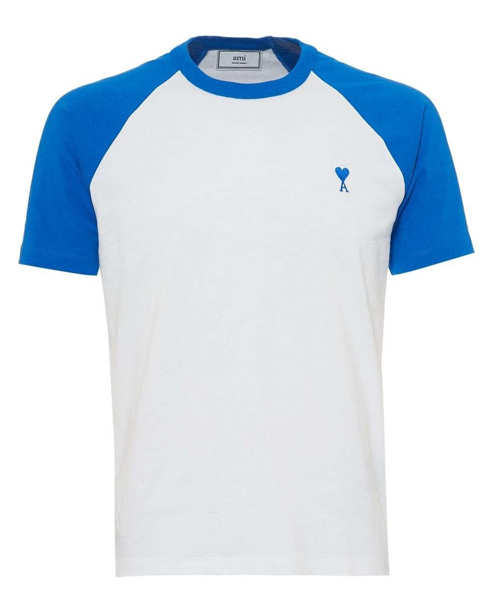 White and Blue T Logo - Ami Mens Contrast Shoulders T-Shirt, Plain Body White Blue Tee