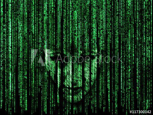 Comuter Green Face Logo - Woman face in green matrix background, computer code with symbols ...