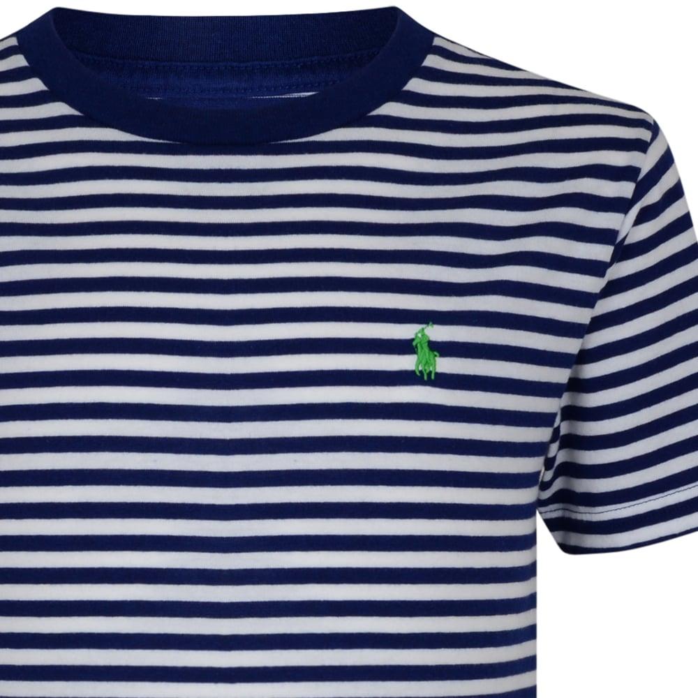 White and Blue T Logo - Ralph Lauren Boys Blue And White Striped T Shirt With Green Logo