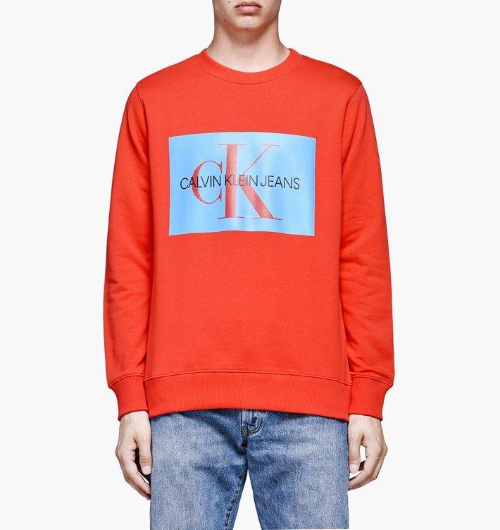 Red and Orange Box Logo - Calvin Klein Jeans Monogram Box Logo Sweatshirt. Red. Crewnecks