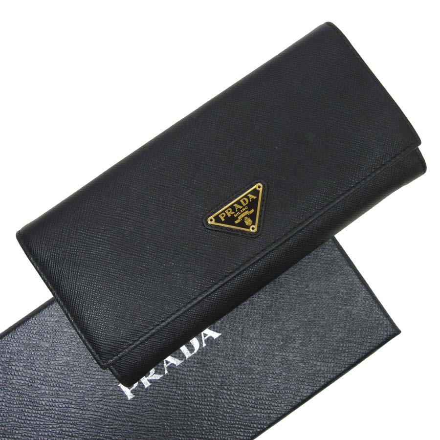 Prada Triangle Logo - Auth PRADA Triangle Logo Plate Bifold Long Wallet Black Saffiano