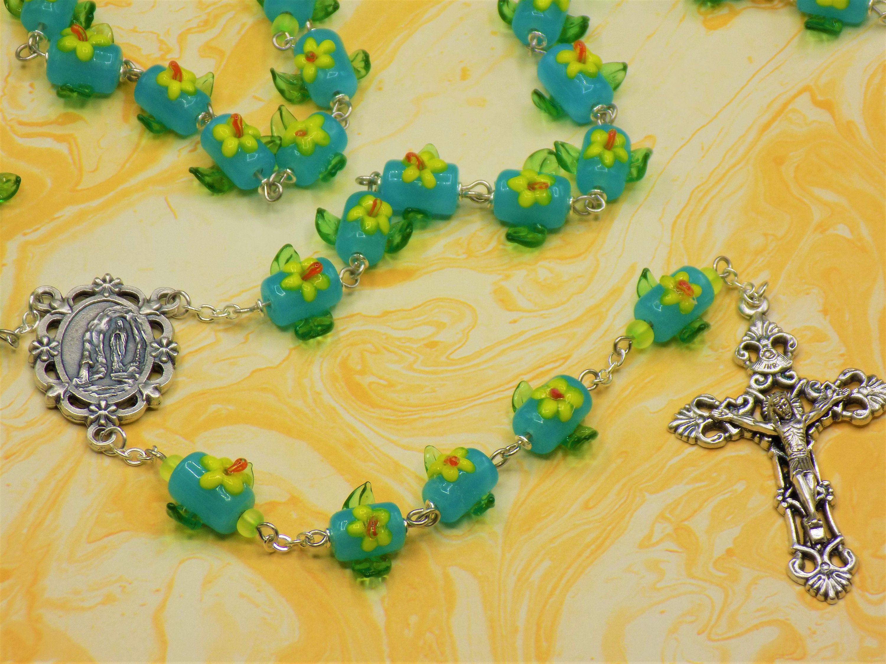 Blue and Yellow Green Leafs Logo - Glass Flower Rosary Glass Blue with Yellow & Orange