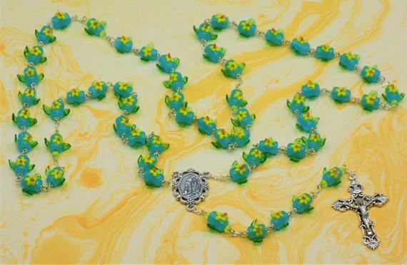 Blue and Yellow Green Leafs Logo - Glass Flower Rosary Lampwork Glass Blue with Yellow & Orange | Etsy