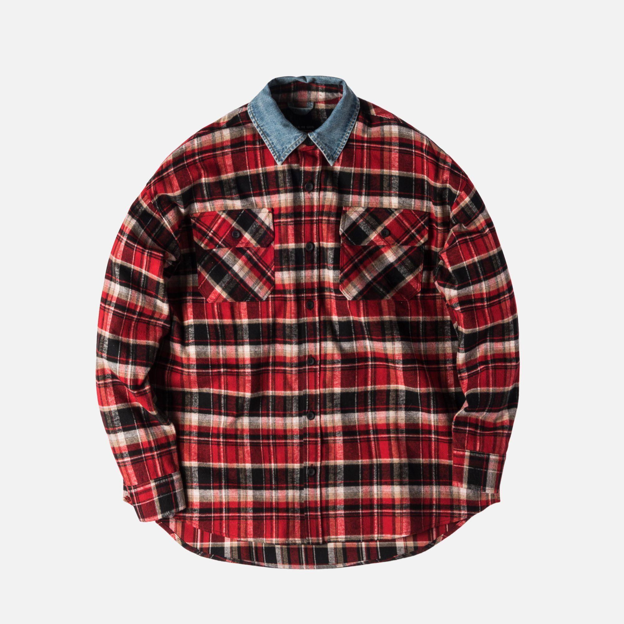 Flannel Fear of God Logo - Fear of God 5th Collection Denim Collared Flannel - Red / Plaid – Kith