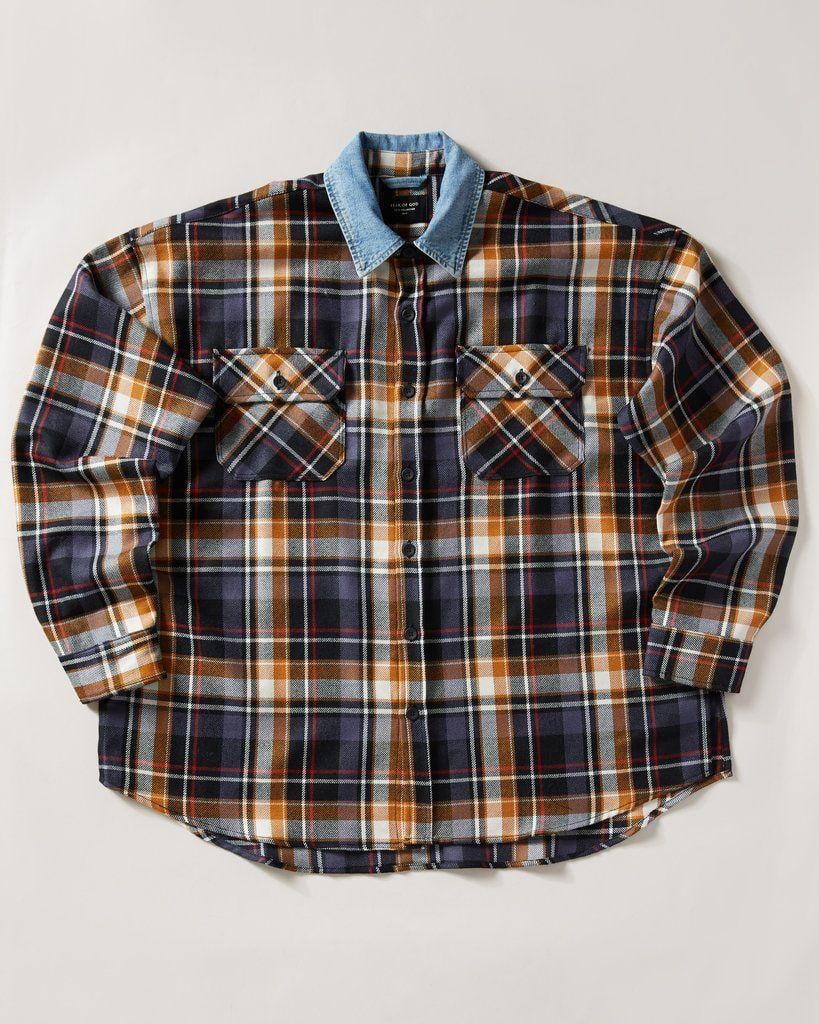 Flannel Fear of God Logo - FEAR OF GOD - DENIM COLLARED OVERSIZED FLANNEL, PURPLE PLAID – UNKNWN