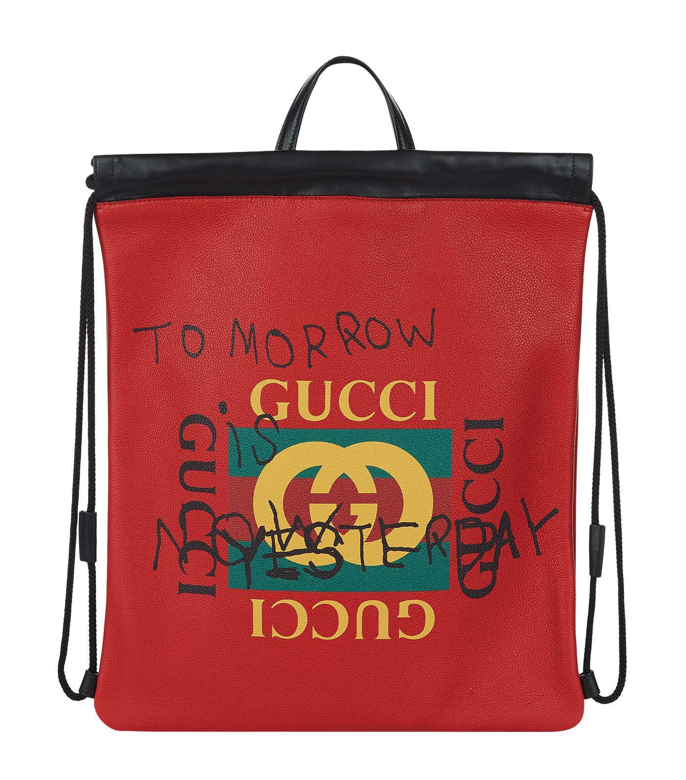 Red Printing Logo - Gucci Slogan Logo Print Drawstring Bag in Red