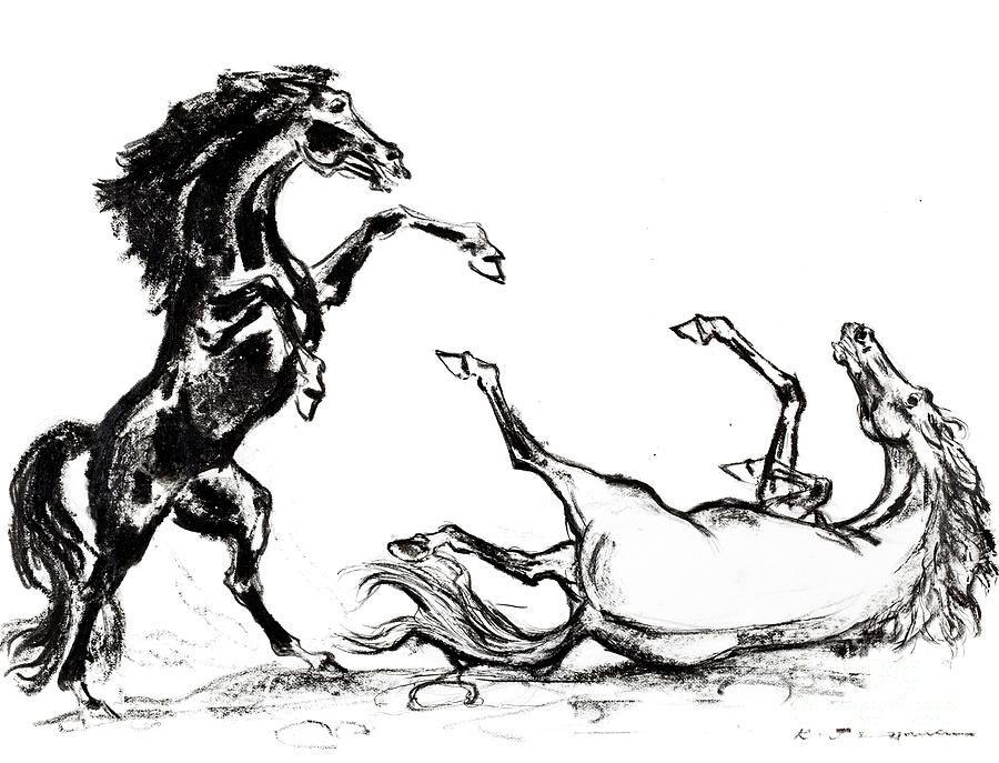 Horse Fighting Logo - Two Mustang Horses Fighting Drawing