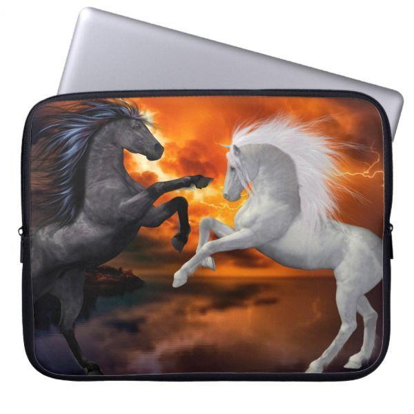 Horse Fighting Logo - Horses fighting in a bad lightning storm computer sleeve. Custom