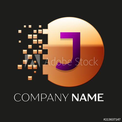 Purple J Logo - Realistic Purple Letter J logo symbol in the golden colorful pixel