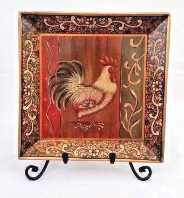 Rooster in Red Square Logo - ROOSTER Square Plate 10 x10 Gold Red Black French Country Accent ...