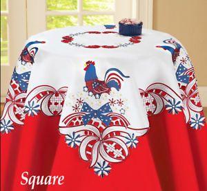 Rooster in Red Square Logo - Embroidered Americana Patriotic Decor Rooster Decor Tablecloth