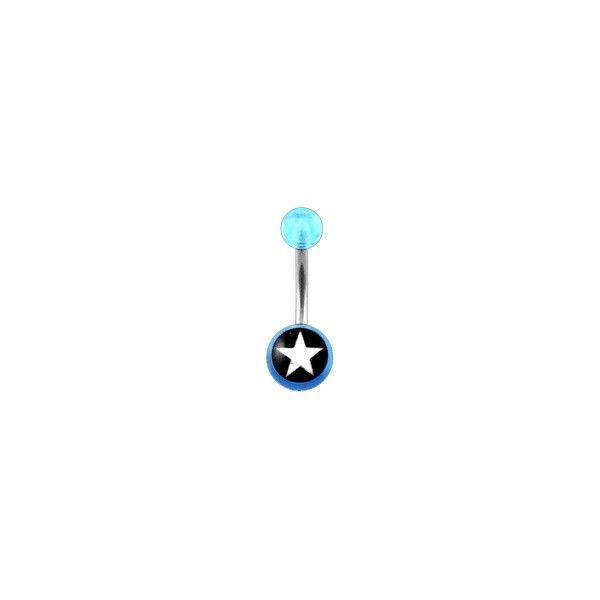 Blue Circle with White Star Logo - Transparent Light Blue Acrylic Belly Bar Navel Button Ring w/ White Star