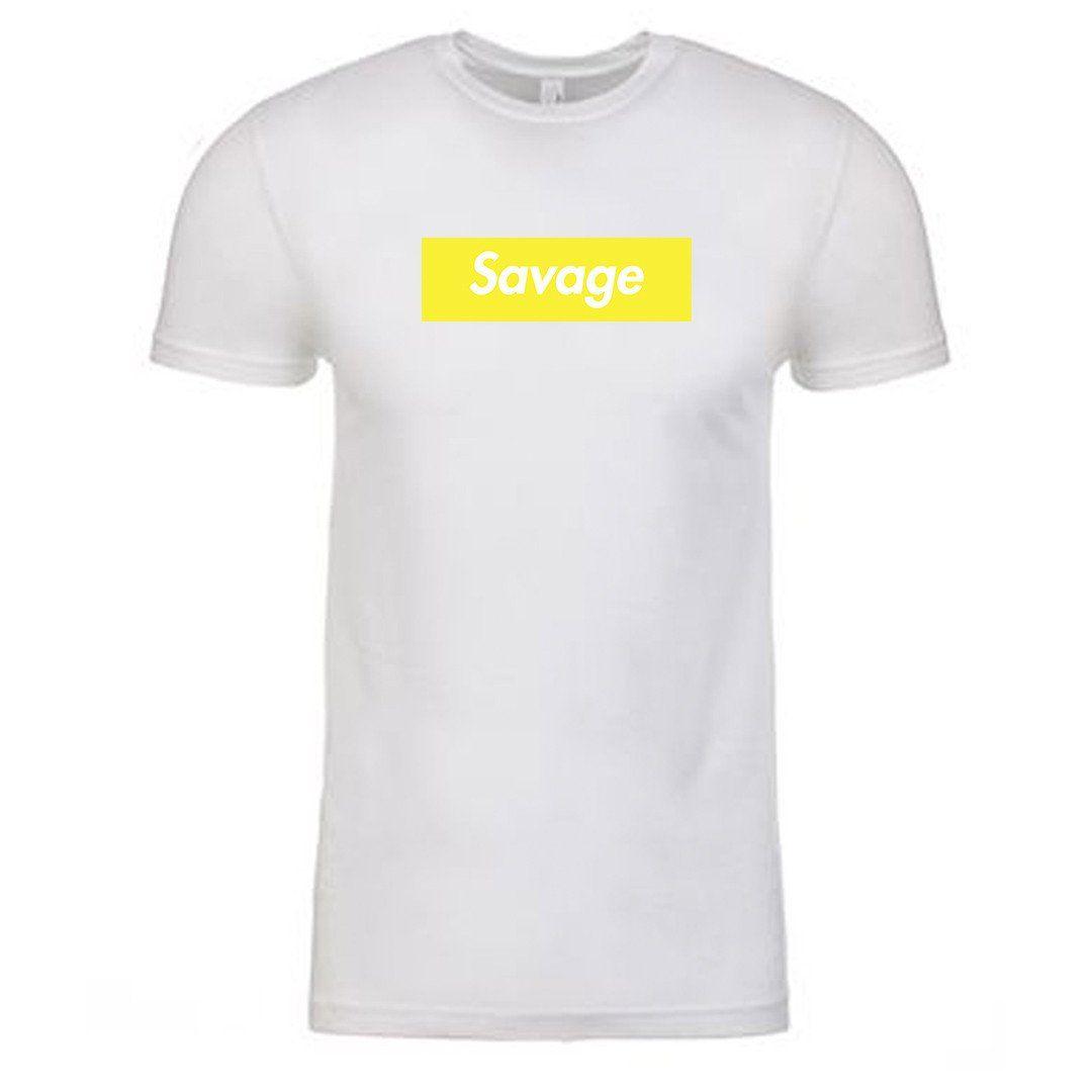Savage Word Logo - Savage ISSA Savage Yellow Box Logo White Short Sleeve T Shirt
