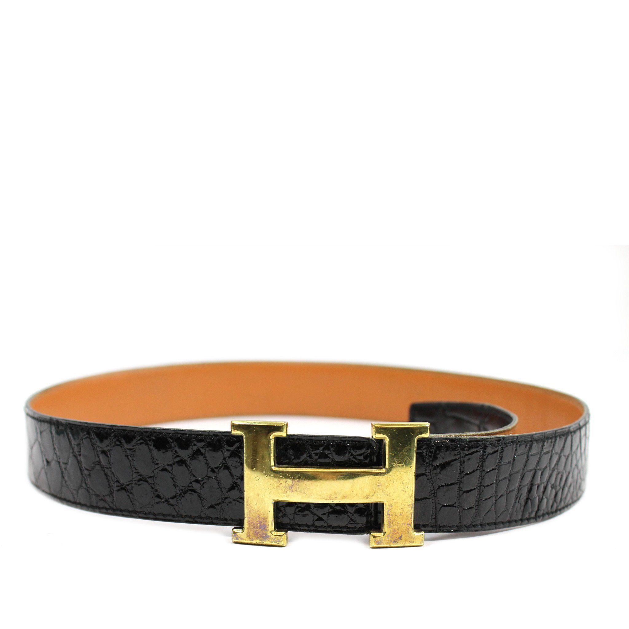 Black Crocodile Logo - Hermes Vintage Black Crocodile Belt w/ Gold H Logo Buckle – Encore ...