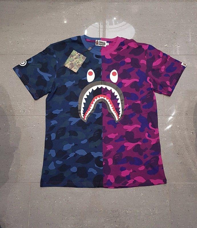 Shark BAPE Face Logo - Bape blue and purple camo t shirt, with shark face logo on front and ...