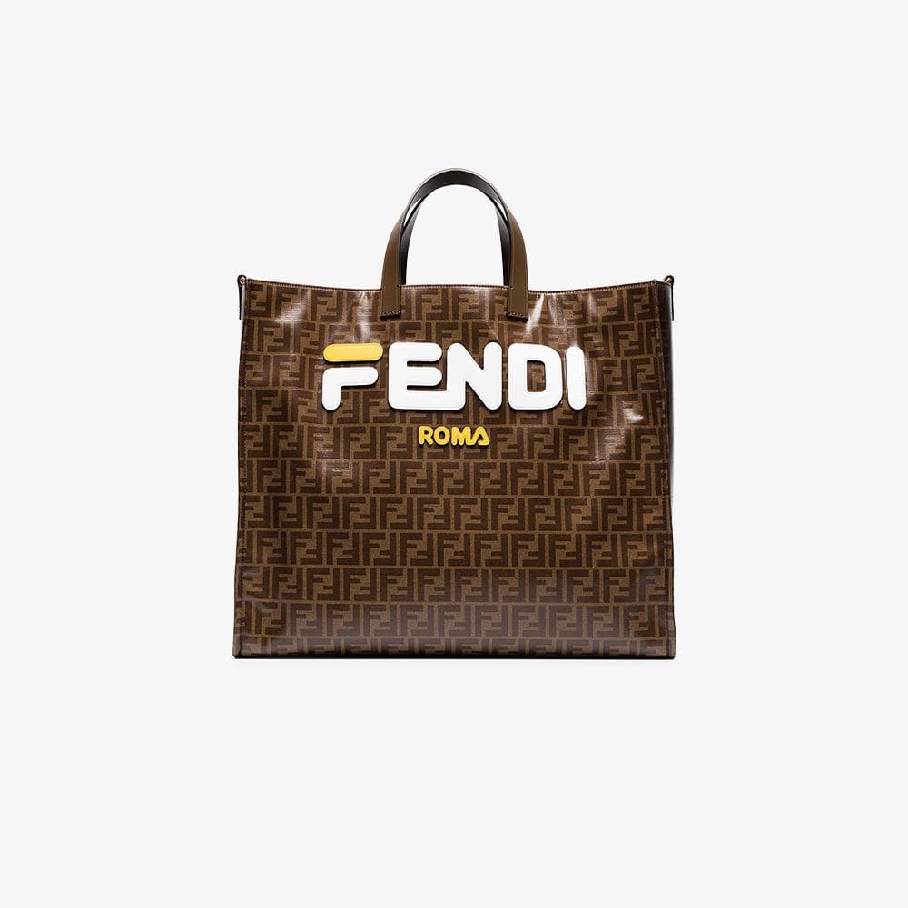 Brown and White Logo - Fendi Fendi Mania brown and white large logo print tote bag