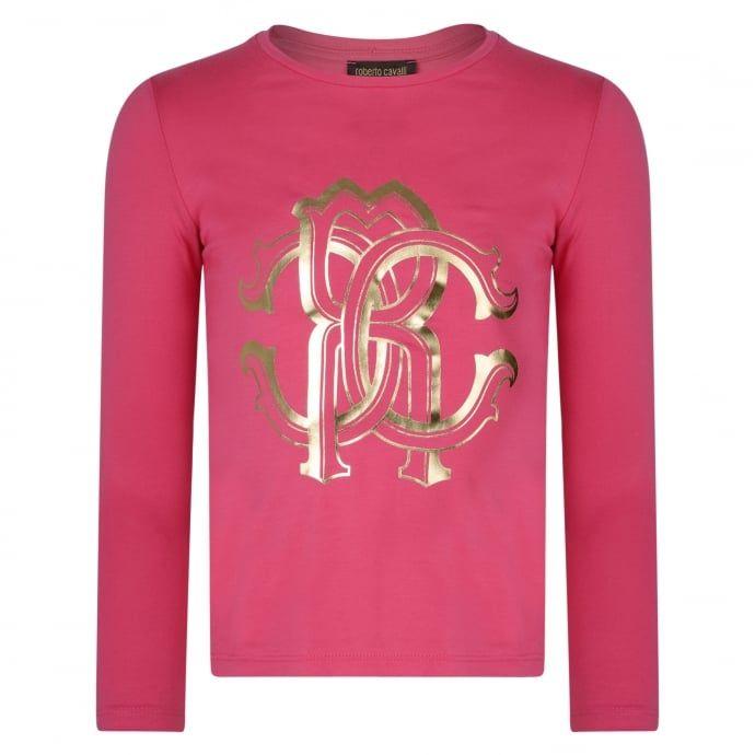 Pink T Logo - Roberto Cavalli Kids Girls Fuchsia Pink T-Shirt with Gold Foil Logo ...