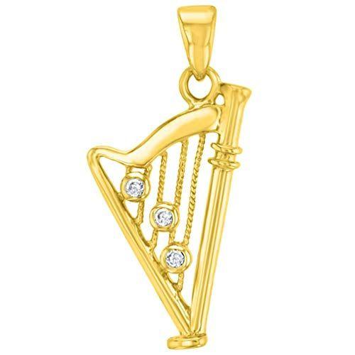 Yellow Harp Logo - Solid 14K Yellow Gold CZ Harp Charm Musical Instrument