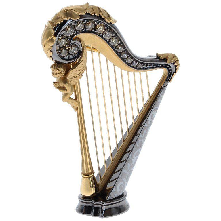 Yellow Harp Logo - Champagne Diamond Enamel 18 Karat Yellow Gold Harp Brooch For Sale ...