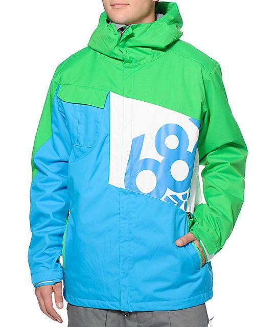 686 Snowboard Logo - Mannual Iconic 8k Blue, Green & White Snowboard Jacket