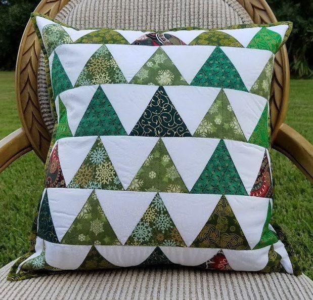 Green and White Triangle and Square Logo - Quilted modern Christmas decorative throw pillow cover with green ...