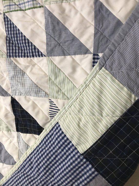 Green and White Triangle and Square Logo - upcycled blue green and white baby quilt recycled fabric half square ...