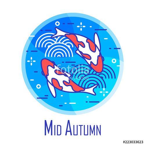 Thin Blue Circle Logo - Mid Autumn Festival Icon With Two Fishes And Waves In Blue Circle