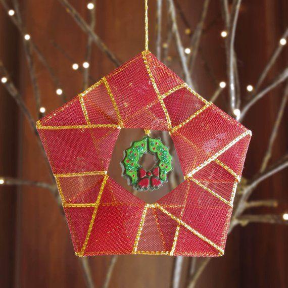 Red and Green Pentagon Logo - Set of 2 Red OR green ribbon pentagon ornaments with wreath