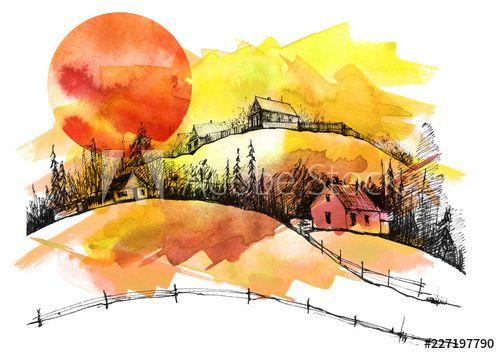 Red and Yellow Sun Logo - Countryside landscape. Illustration of watercolors and black mascara ...
