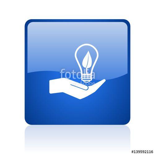 Internet in in Blue Square Logo - Ecology bulb on hand blue square glossy vector web icon. Modern