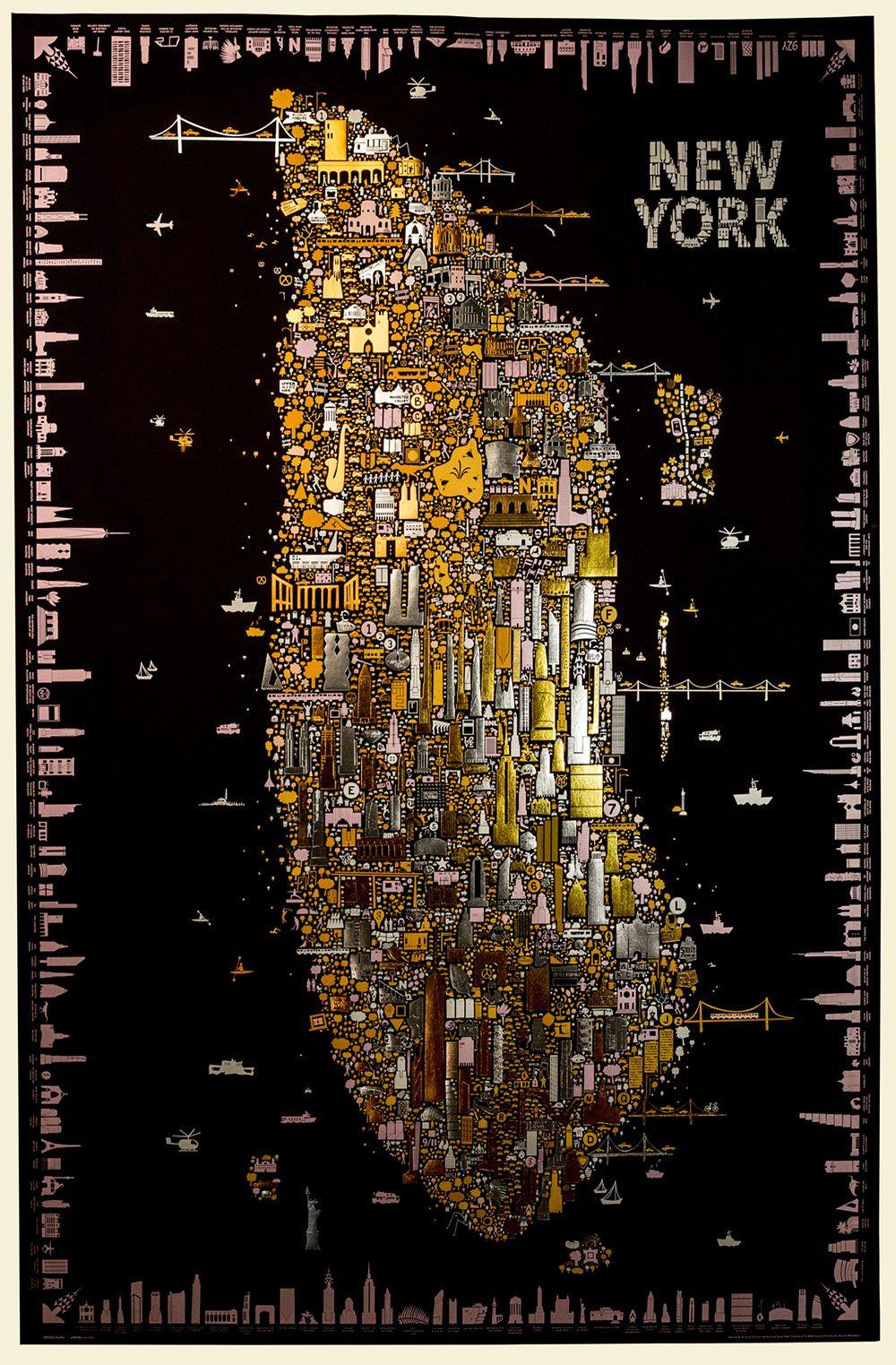 Gold New York Logo - A Stunning Gold Foil Rendering of New York Icons Inspired by Klimt ...