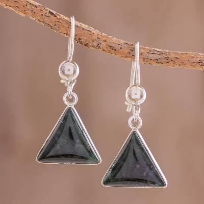 Silver Triangle Green Triangle Logo - Jade dangle earrings, 'Dark Green Triangle of Life'
