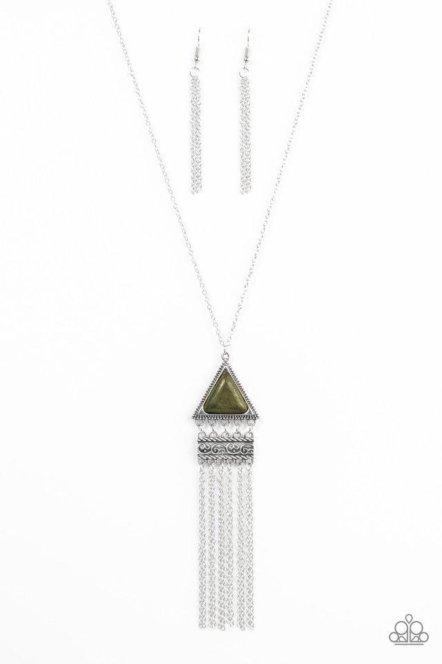 Silver Triangle Green Triangle Logo - Paparazzi Painted Plateaus Green Triangle Stone Silver Fringe Necklace & Earring Set