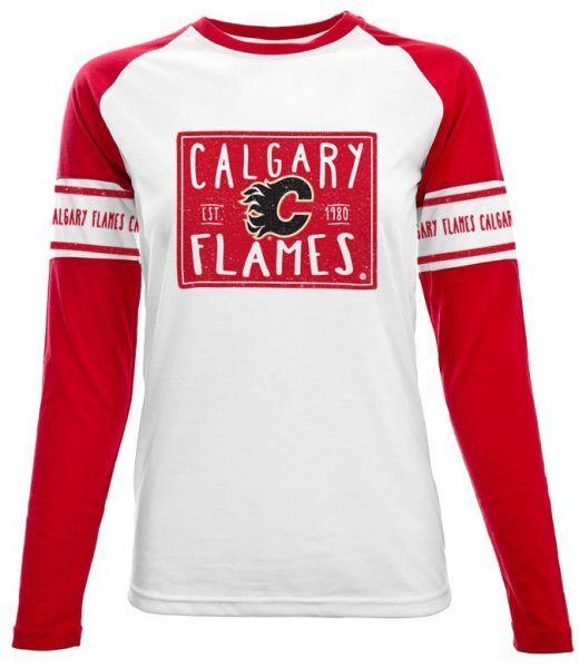 Box with White Flames Red Logo - NHL Calgary Flames Ladies Box Score Long sleeve Tee, Medium, White