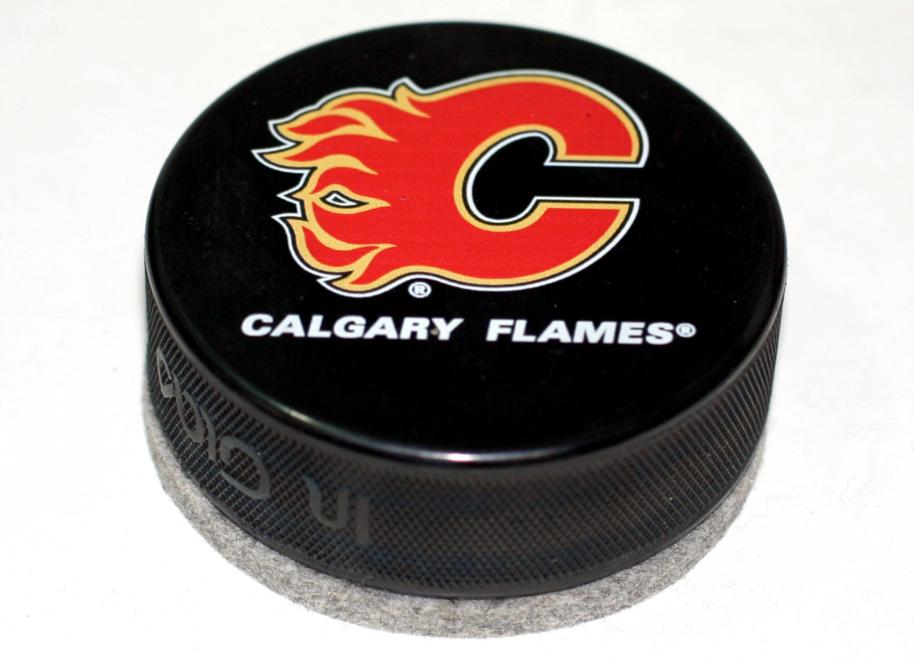 Box with White Flames Red Logo - Calgary Flames Basic Series Hockey Puck Board Eraser For Chalk