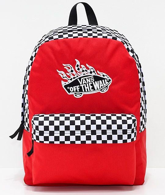 Box with White Flames Red Logo - Vans Realm Racing Red & Checkerboard Flame Backpack | Zumiez