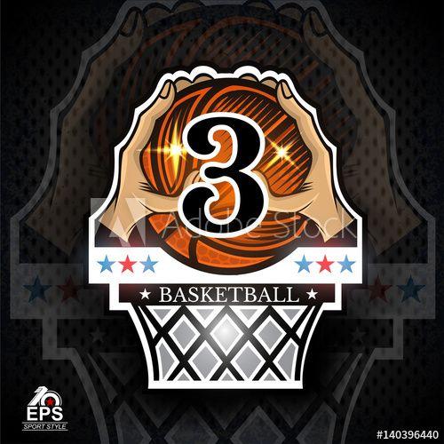 Basketball with Hands Logo - Two hands hold basketball ball with number 3 above basket. Sport