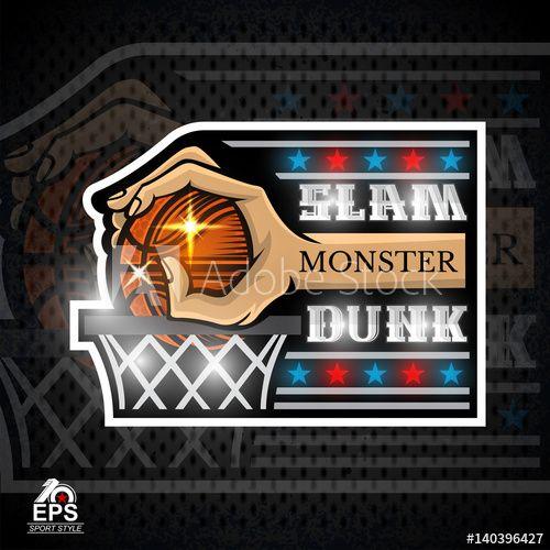 Basketball with Hands Logo - Hands hold basketball ball above basket slam dunk. Sport logo