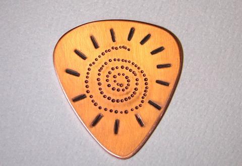 Dots Orange Spiral Logo - Copper Guitar Pick with Spiral Sun Handmade with Dots and Chasing ...
