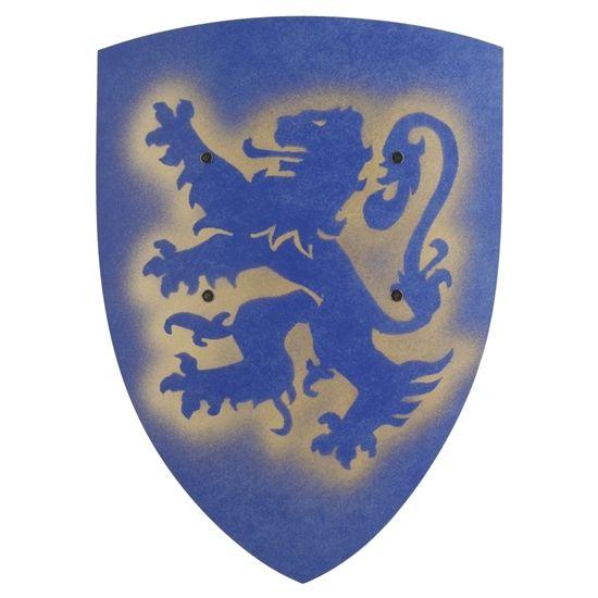 Blue Night Shield Logo - Toy Estate. Big blue knight shield with lion for kids