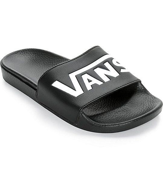 Black Vans Logo - Vans Logo Black & White Slide On Sandals