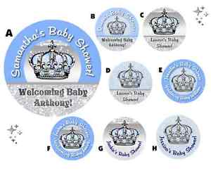 Round Blue and Silver Logo - BLUE SILVER PRINCE CROWN BABY SHOWER CUSTOM ROUND LABELS PARTY