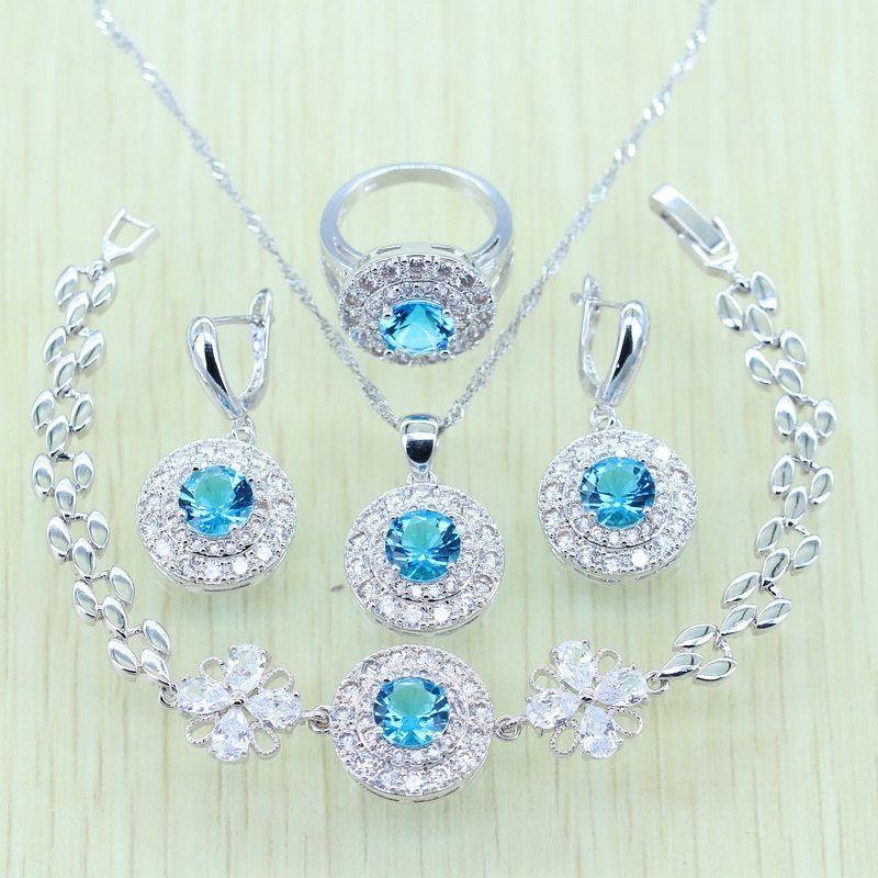 Round Blue and Silver Logo - ▽925 Logo Round Blue Rhinestone White Crystal Jewelry Set For Women